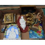 A selection of religious ornaments and plaques including carved figure of Madonna and child etc