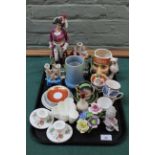 A mixed selection of ceramics including Wedgwood Kutani crane candlesticks, Doulton,