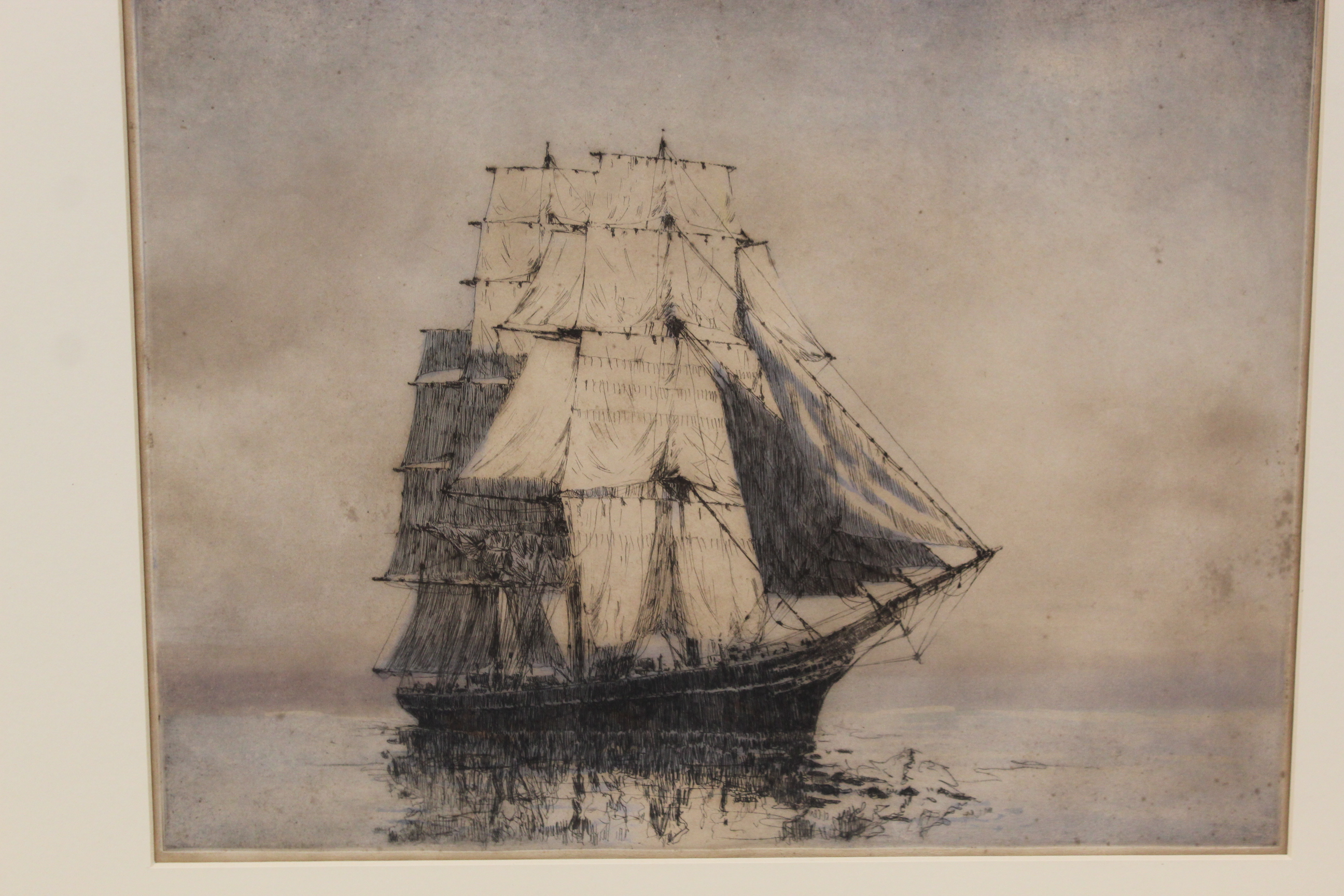 Arthur J T Briscoe, a framed etching of a tea clipper c1975, with details on verso, - Image 2 of 4