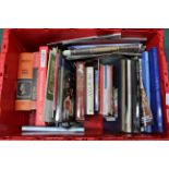 A box of mixed books, newspapers and magazines,