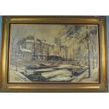 R Sievers, large oil on canvas of a Dutch canal scene,