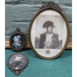 A framed print of Napoleon Le Grand Empereur plus two joined picture miniatures of Napoleon and