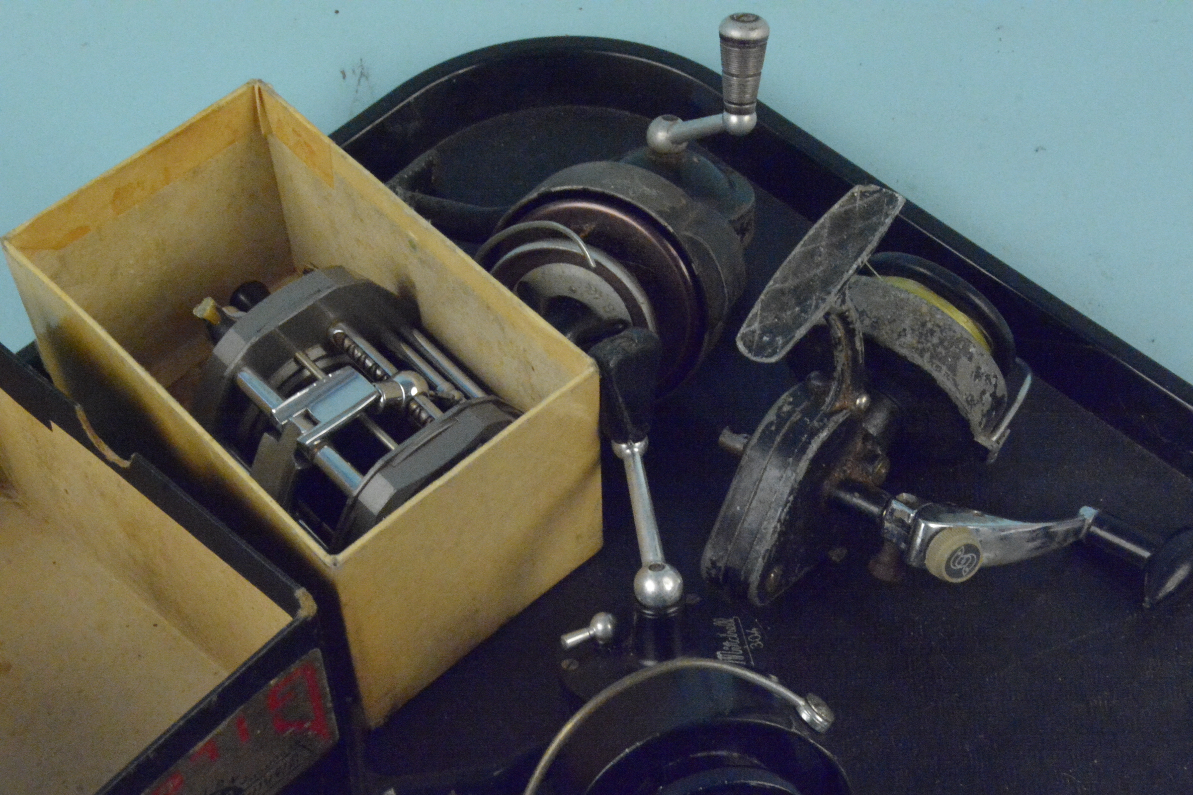 Six early fixed spool reels and a Gildex boxed multiplier reel (handle as found) - Image 2 of 3