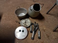 Old milking equipment, milking cluster, churn lid, scale,