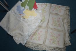 Basket of Period Linens, Embroidered Tablecloths,