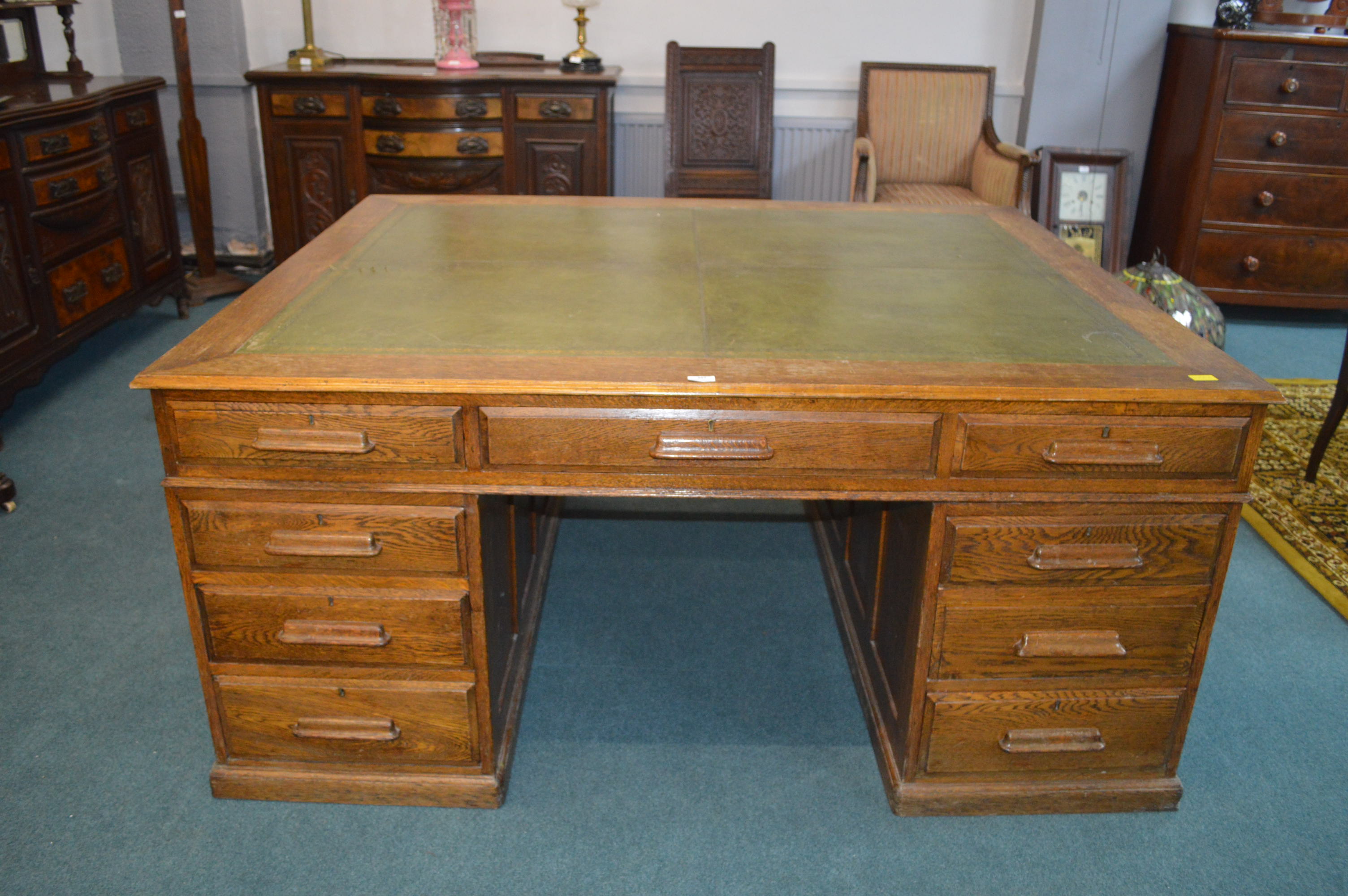 Large Oak Partners Desk with Green Tooled Leather