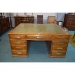 Large Oak Partners Desk with Green Tooled Leather