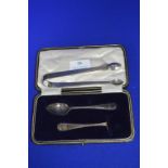 Cased Set of Hallmarked Sterling Silver Christening Spoon and Posher plus Sugar Tongs