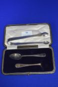 Cased Set of Hallmarked Sterling Silver Christening Spoon and Posher plus Sugar Tongs
