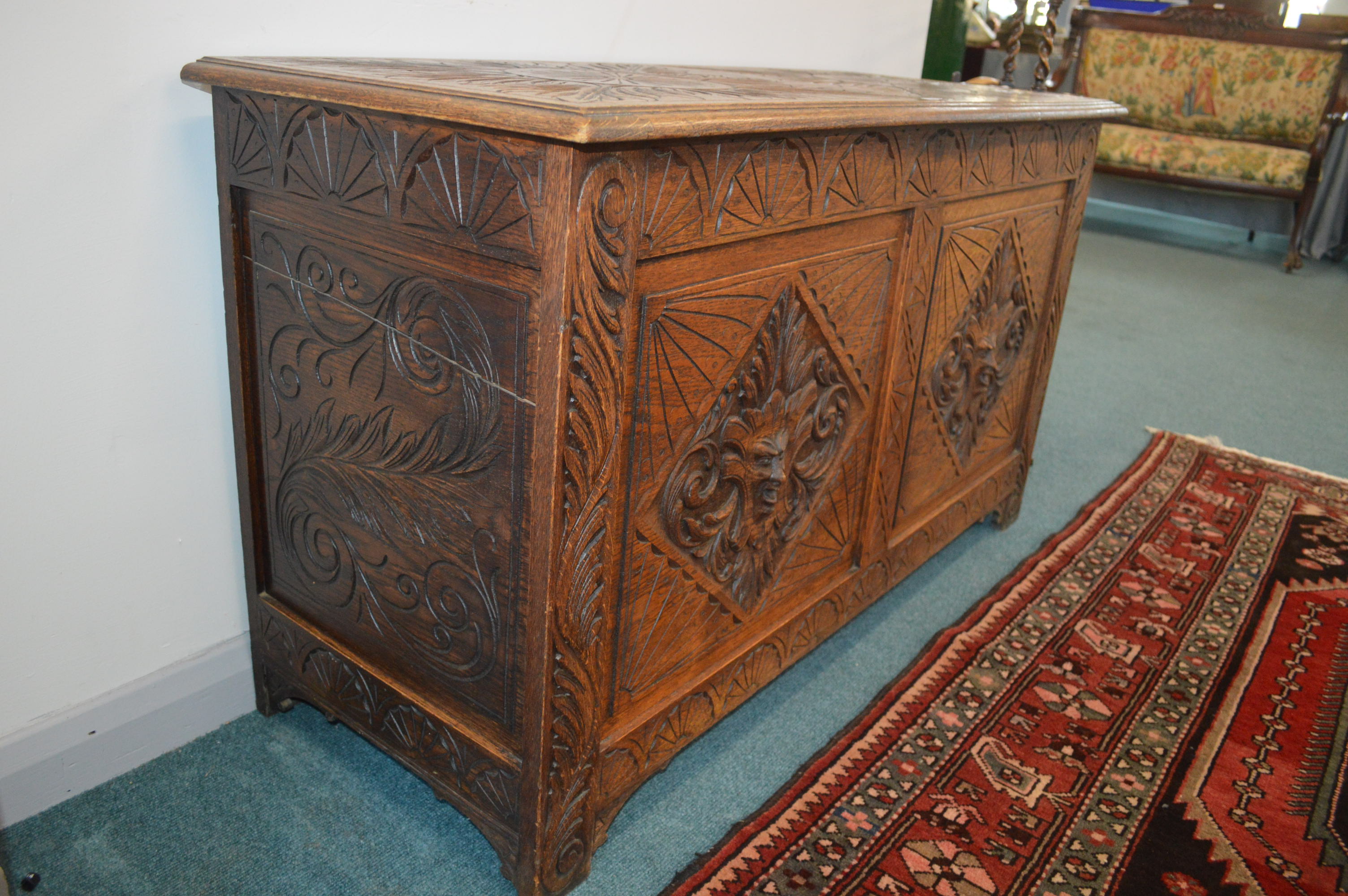 Carved Oak Chest with Green Man Design - Image 3 of 4