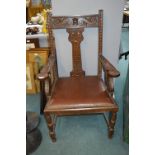 Victorian Oak Carved Armchair with Leatherette Uph