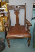 Victorian Oak Carved Armchair with Leatherette Uph