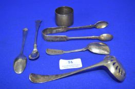 Hallmarked Sterling Silver Teaspoons, Sugar Nips, Sifter Spoon, and a Napkin Ring ~135g total