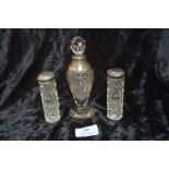Cut Glass Lead Crystal with Silver Collar and Two Silver Topped Cut Glass Bottles