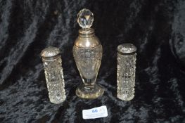 Cut Glass Lead Crystal with Silver Collar and Two Silver Topped Cut Glass Bottles