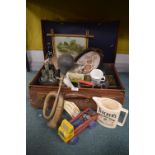 Vintage Leather Suitcase and Contents Including Horn, Postal Scales, Door Fittings, etc.