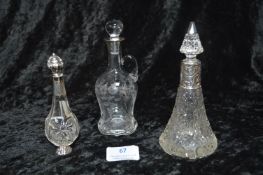 Three Silver Topped Cut Glass & Engraved Scent Bottles