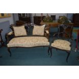 Carved Mahogany Settee with Pale Gold Floral Uphol