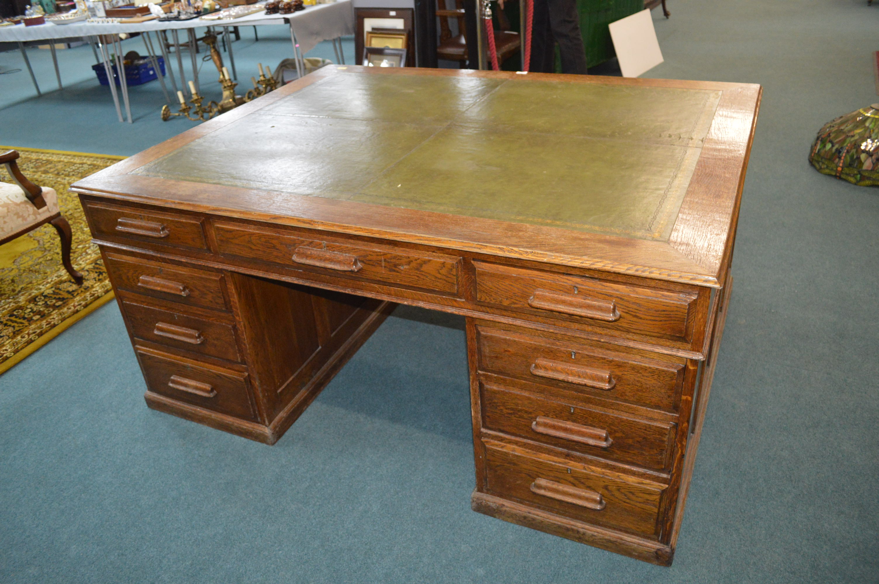 Large Oak Partners Desk with Green Tooled Leather - Image 3 of 4