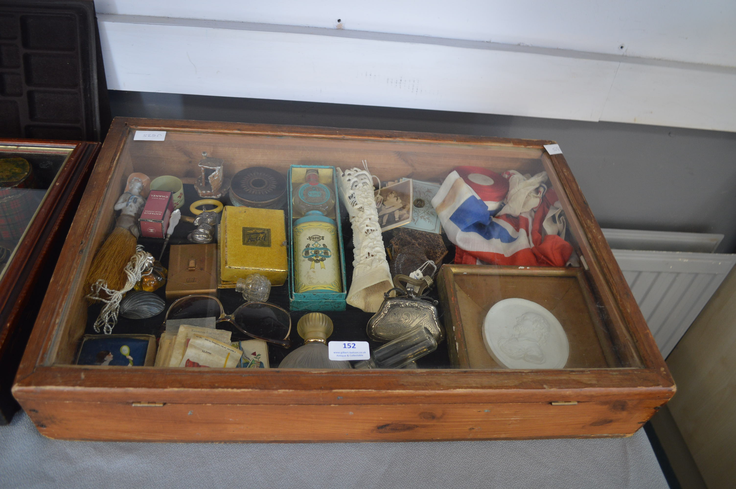 Pine Tabletop Display Case and Contents Including Vintage Items, Scent Bottles, etc. - Image 2 of 2