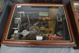 Pine Tabletop Display Case and Contents Including Motoring Collectibles, etc.