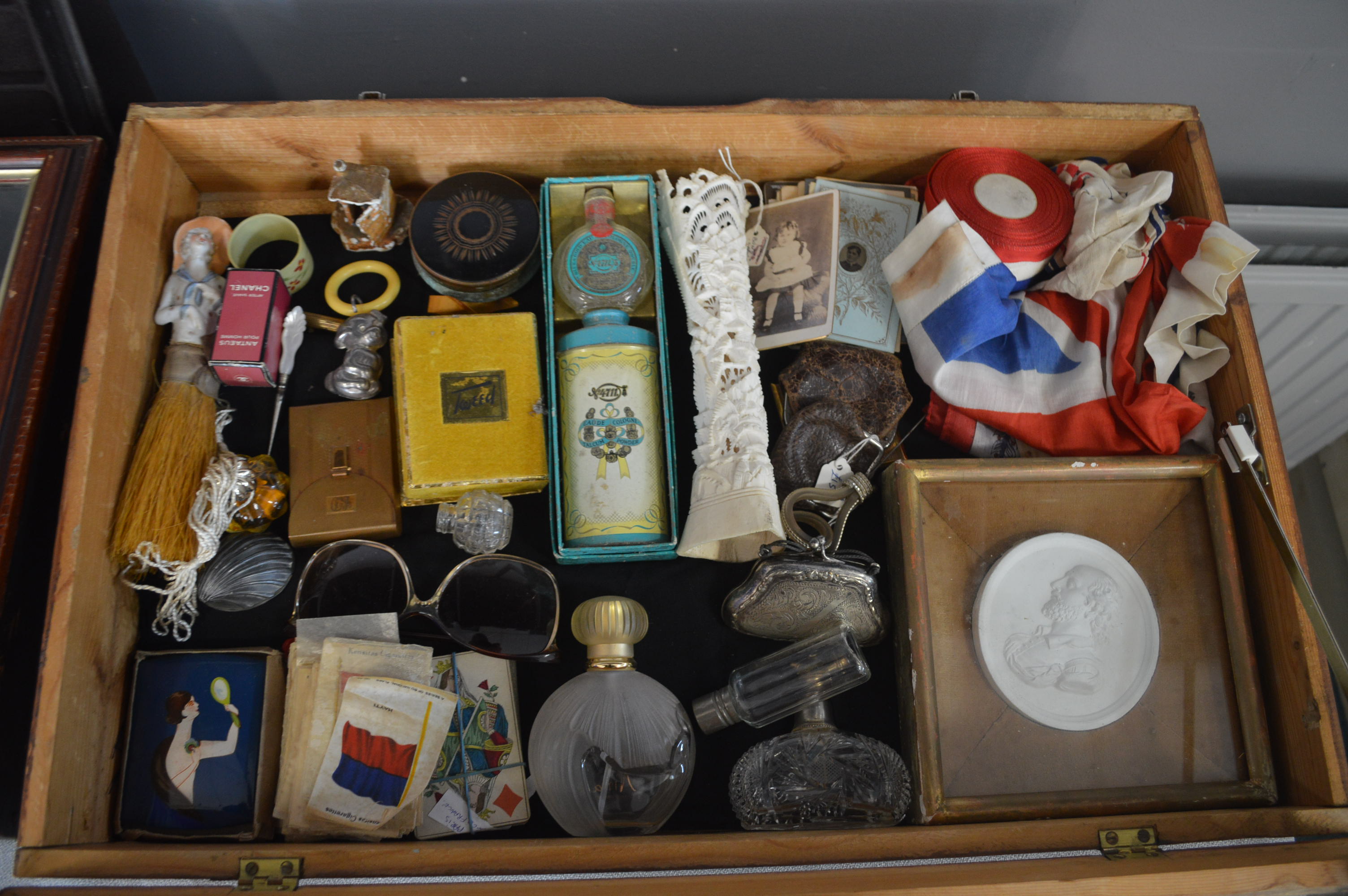 Pine Tabletop Display Case and Contents Including Vintage Items, Scent Bottles, etc.