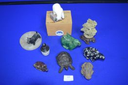 Small Eastern Animal Figures Including Jade Rabbit, Soapstone Carvings, and a Bronze Tortoise, etc.
