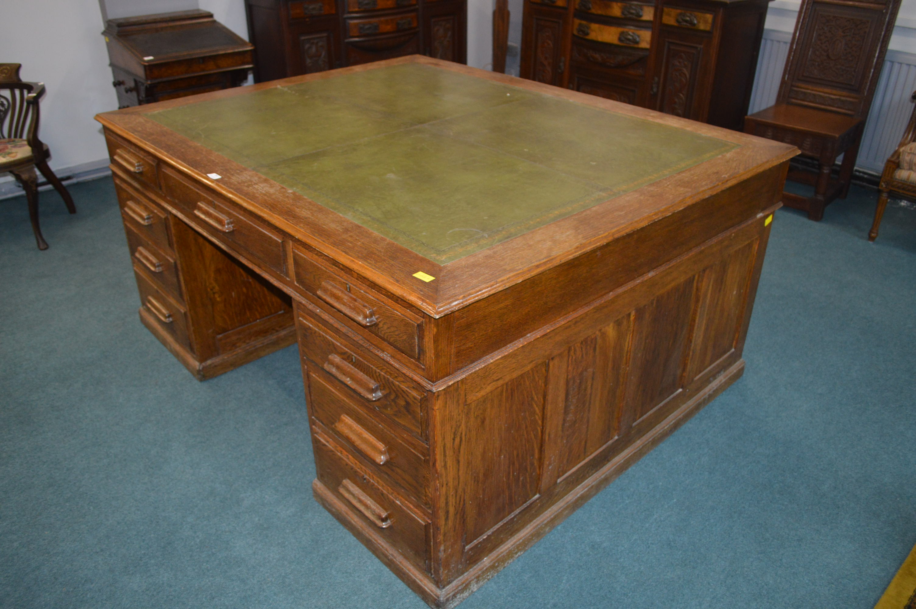 Large Oak Partners Desk with Green Tooled Leather - Image 2 of 4