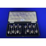 Cased of Set of Twelve Hallmarked Sterling Silver Teaspoons plus Sugar Tongs