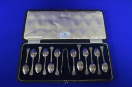 Cased of Set of Twelve Hallmarked Sterling Silver Teaspoons plus Sugar Tongs