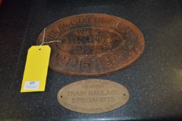 Cast Iron Hunslet Engine Co. Leeds Railway Plaque 1916, plus Brass Train Haulage Plaque
