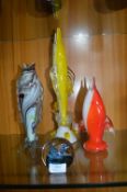 Three Murano Glass Fish and a Caithness Glass Paperweight
