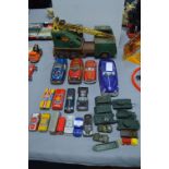 Tinplate Toy Cars, Crane, and Plastic Tanks