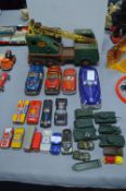 Tinplate Toy Cars, Crane, and Plastic Tanks