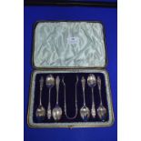Cased Set of Silver Teaspoons and Tongs, Sheffield 1891