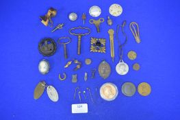 Small Collectibles Including Gaming Tokens, Brooches, Medallions, Keys, etc.