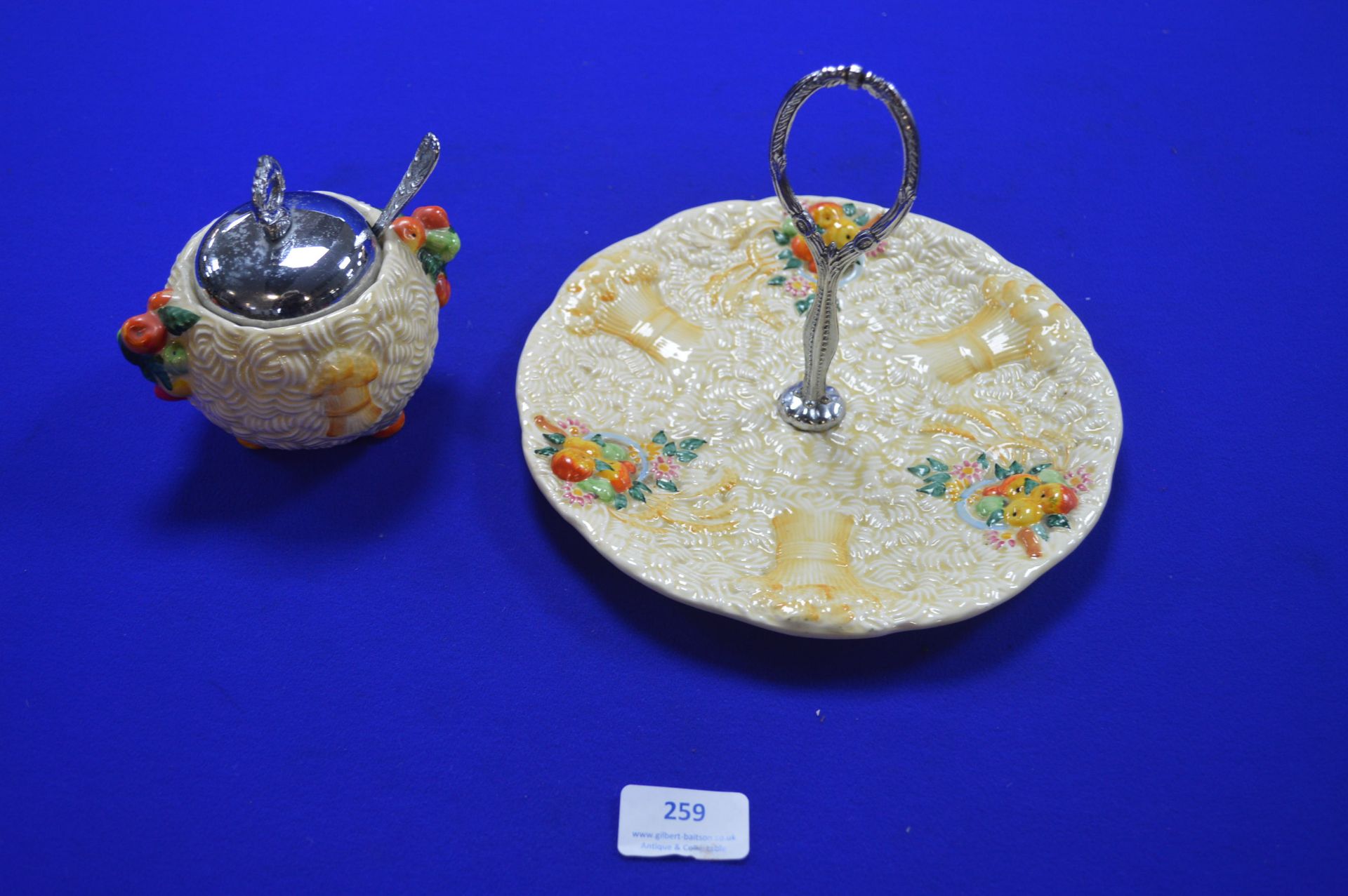 Clarice Cliff Celtic Harvest Cake Stand plus Jam Pot and Cover - Image 2 of 3