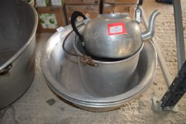 Three 50cm Aluminium Bowls, Kettle, and Pot