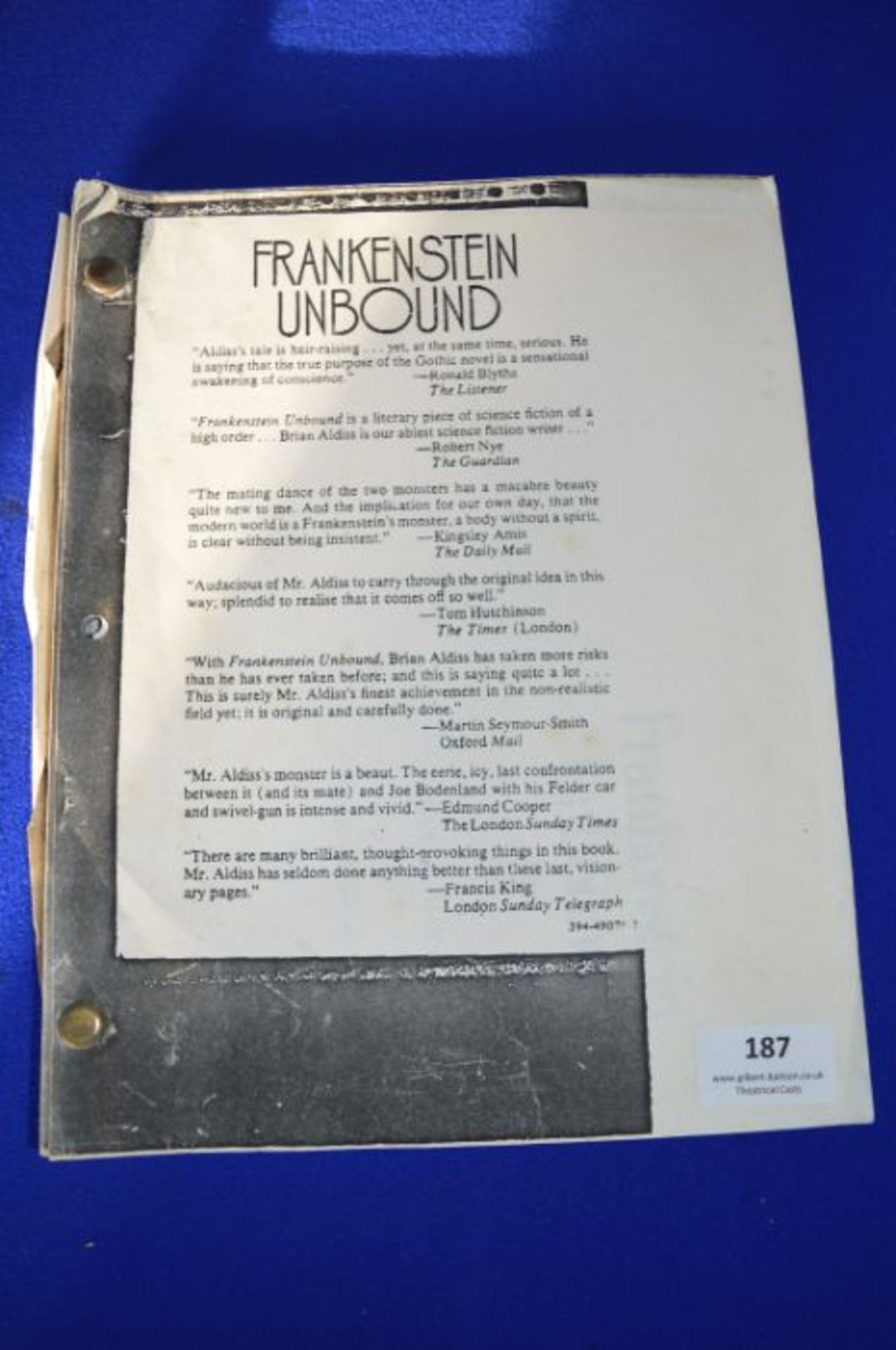 *Film Screenplay for Frankenstein Unbound by Brian W. Aldiss 1976 - Image 2 of 2