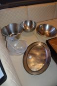 *3 Stainless Steel Mixing Bowls, Oval Platter, and