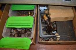 Two Boxes of Brass Door Fittings, Castors, etc.