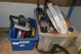 Two Boxes of Various Tape Measures, Knives, Car Pr
