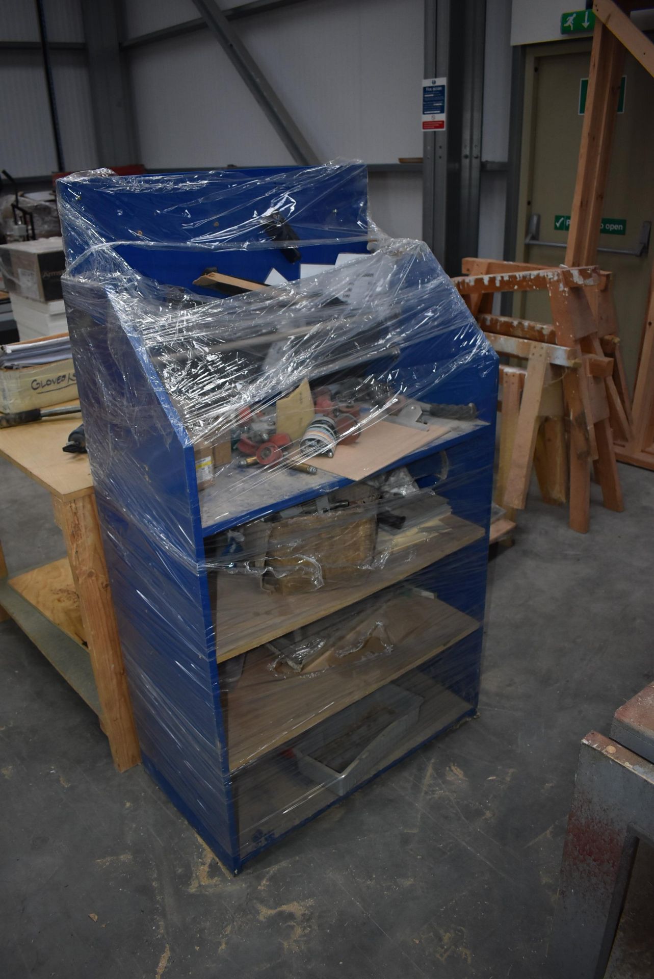 *Wooden Worktable and a Blue Shelving Unit Containing Assorted Components - Image 2 of 2