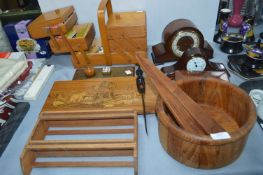 Wooden Items Including Sewing Box, Mantel Clocks,