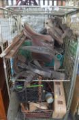 Cage Lot of Horse Tack, Old Tools, etc. (cage not