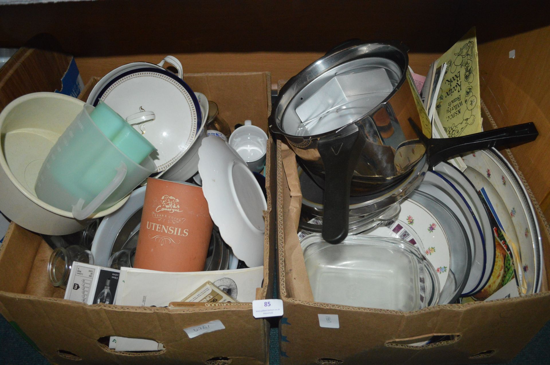 Two Boxes of Kitchenware: Pressure Cooker, Plates,