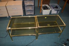 Pair of Brass Effect Coffee Tables with Smoked Gla