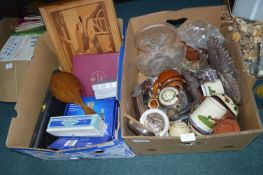 Two Boxes of Glassware, Pottery, Marquetry Picture