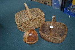 Two Baskets and a Carved Wooden Fruit Bowl