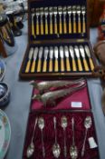 Wooden Cutlery Canteen, Cased Teaspoons, and Two T